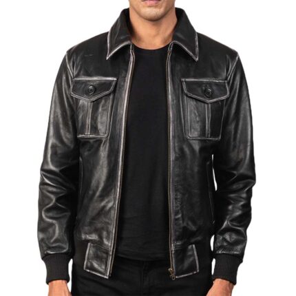 Leather Bomber Jacket Black & Brown