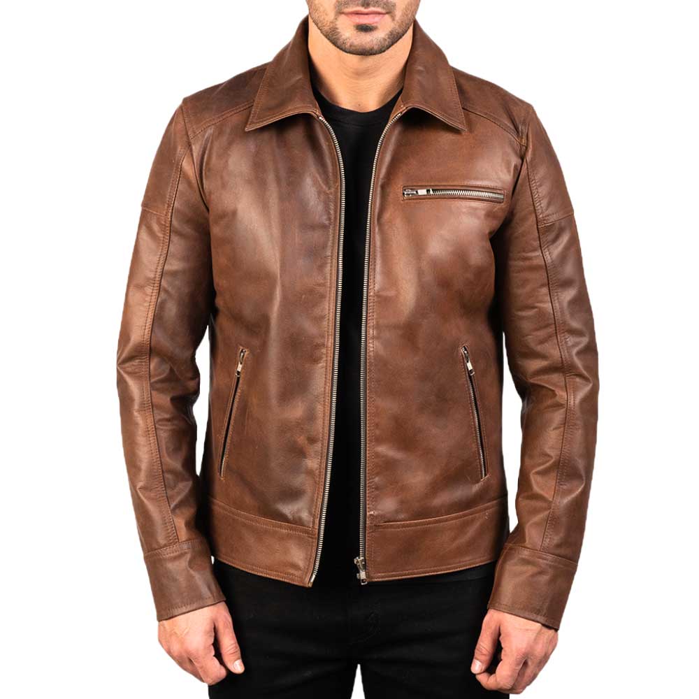 Mens Brown Shirt Collar Vintage Leather Jacket