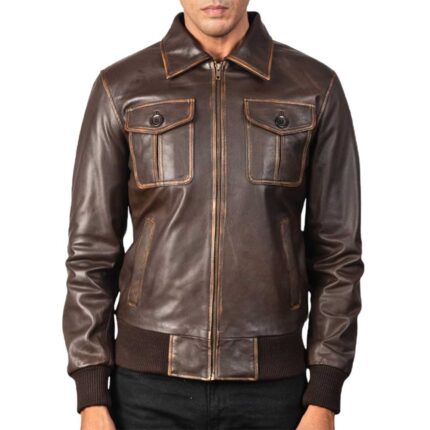 Leather Bomber Jacket Black & Brown - Image 6