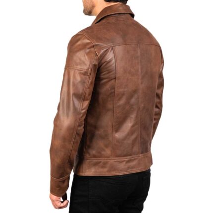 Mens Brown Shirt Collar Vintage Leather Jacket