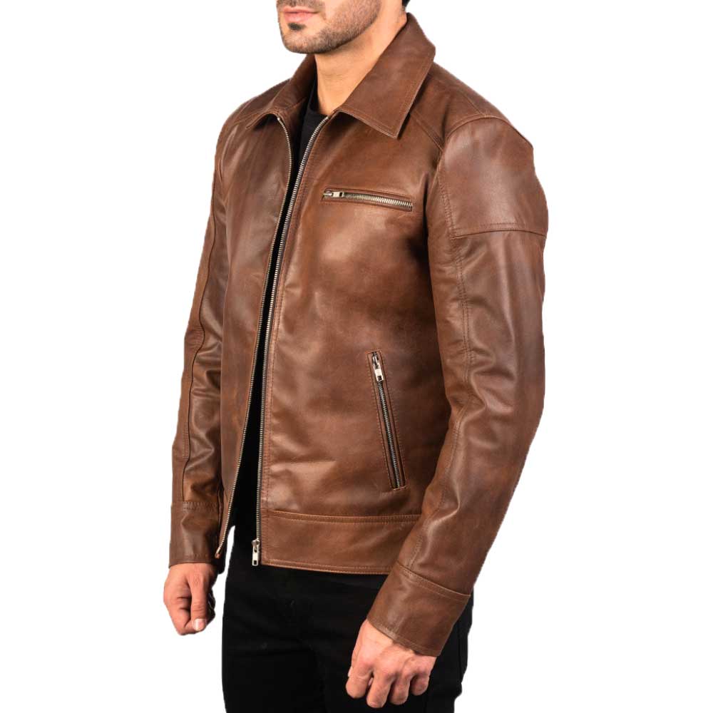 Mens Brown Shirt Collar Vintage Leather Jacket