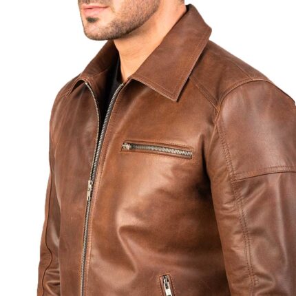 Mens Brown Shirt Collar Vintage Leather Jacket