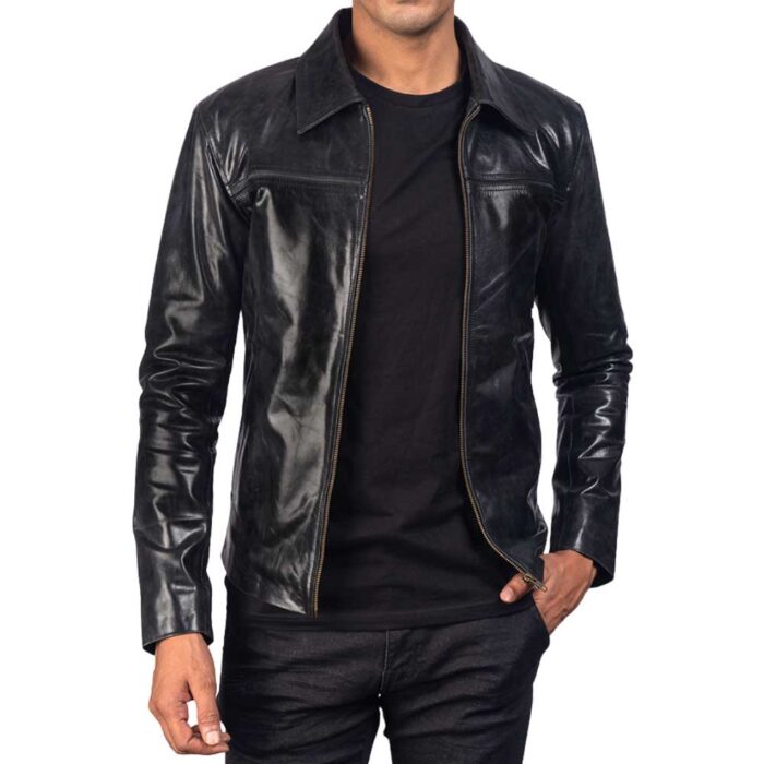 Black Leather Jacket with Collar