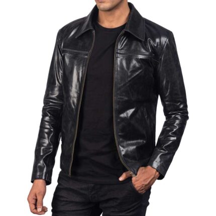 Black Leather Jacket with Collar